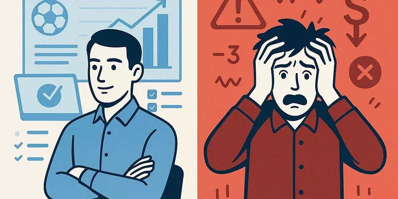 Split illustration showing two sides of sports betting psychology