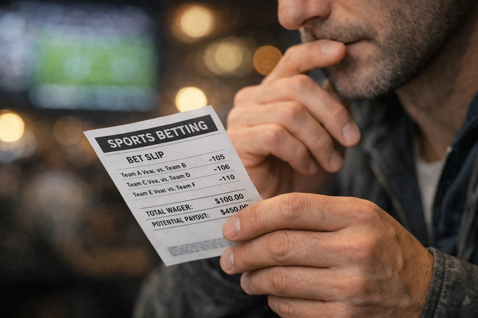 Parieur pensif devant un ticket de paris sportifs