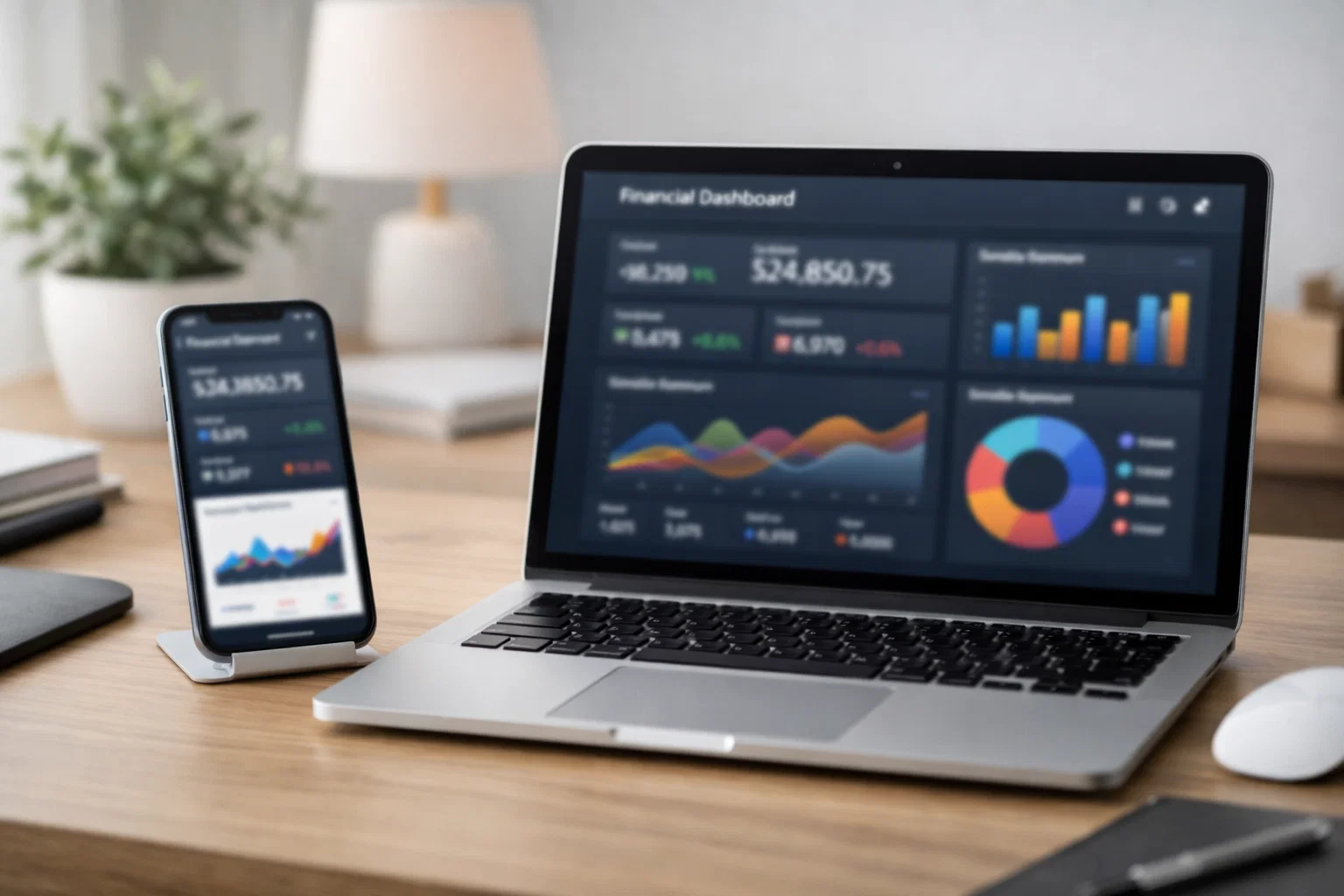 Smartphone et ordinateur affichant des tableaux de bord d'analyse financière