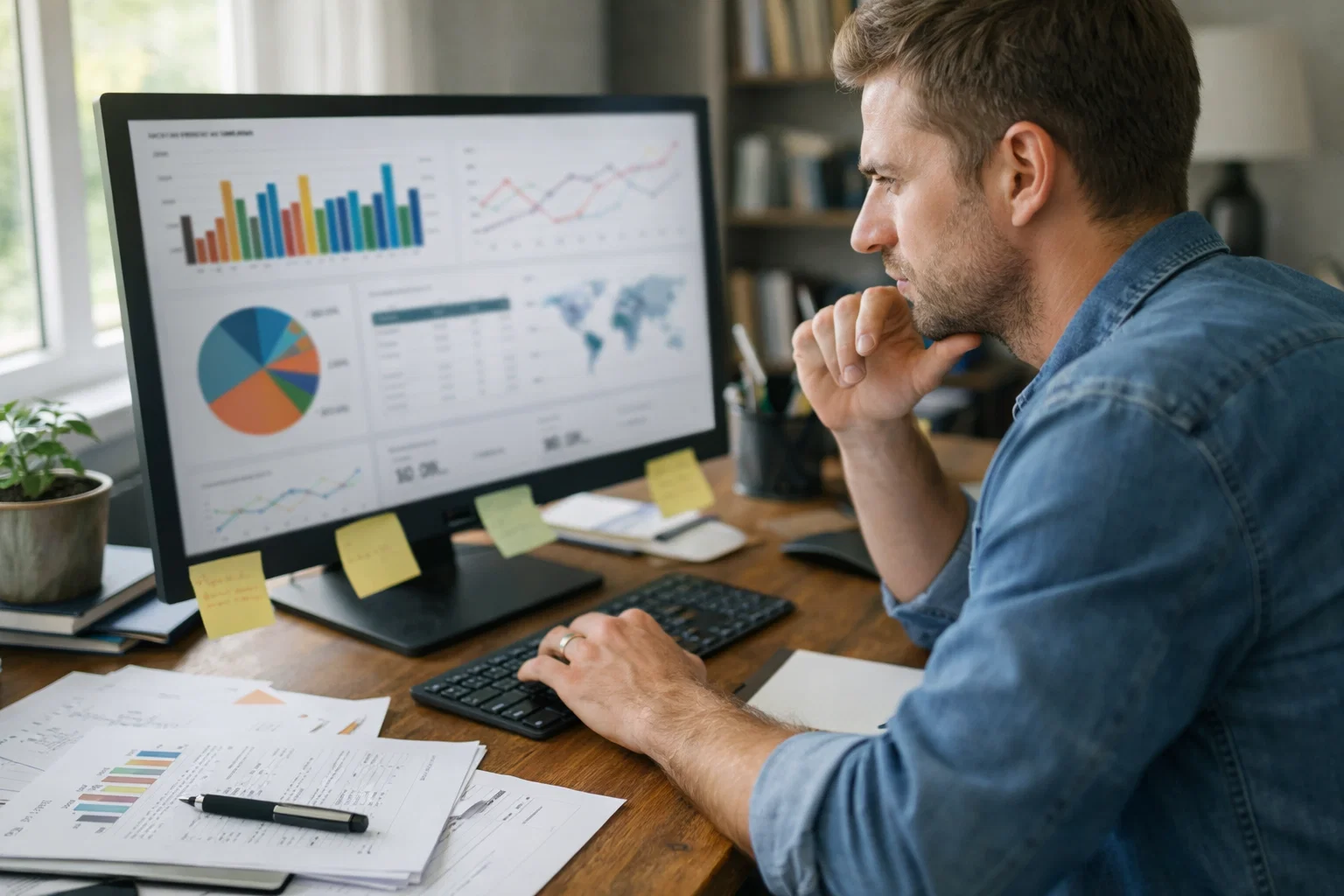 Personne analysant des statistiques sur un écran d'ordinateur avec des graphiques