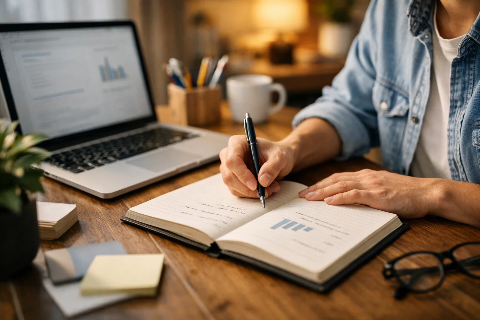 Personne prenant des notes dans un carnet avec un ordinateur portable ouvert