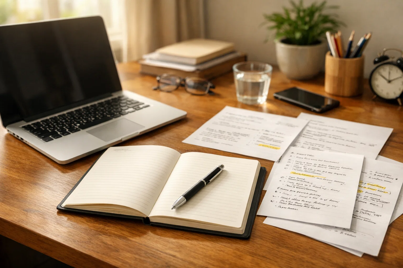Bureau organis&eacute; avec carnet de notes, stylo et ordinateur portable