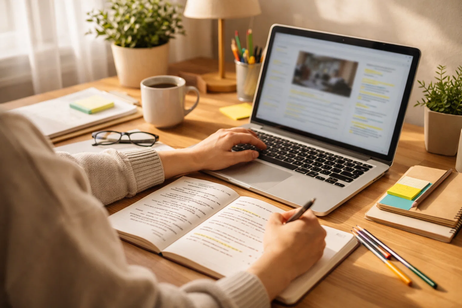 Personne apprenant sur un ordinateur portable avec des notes manuscrites