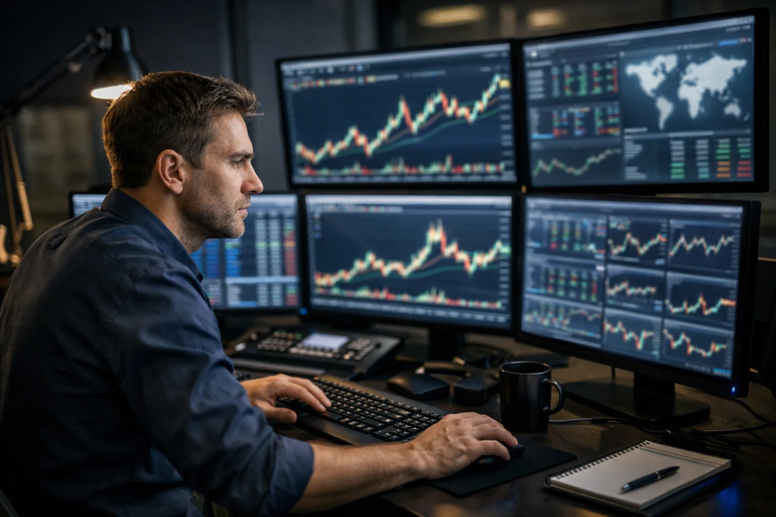 Personne concentrée devant plusieurs écrans affichant des graphiques en temps réel