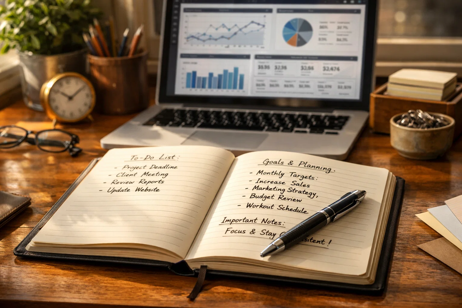 Carnet de notes ouvert avec un stylo et un ordinateur portable montrant des statistiques