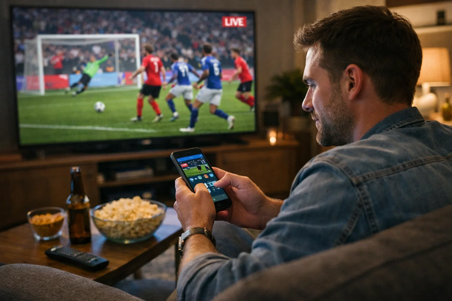 Personne regardant un match de football sur un écran tout en consultant son smartphone