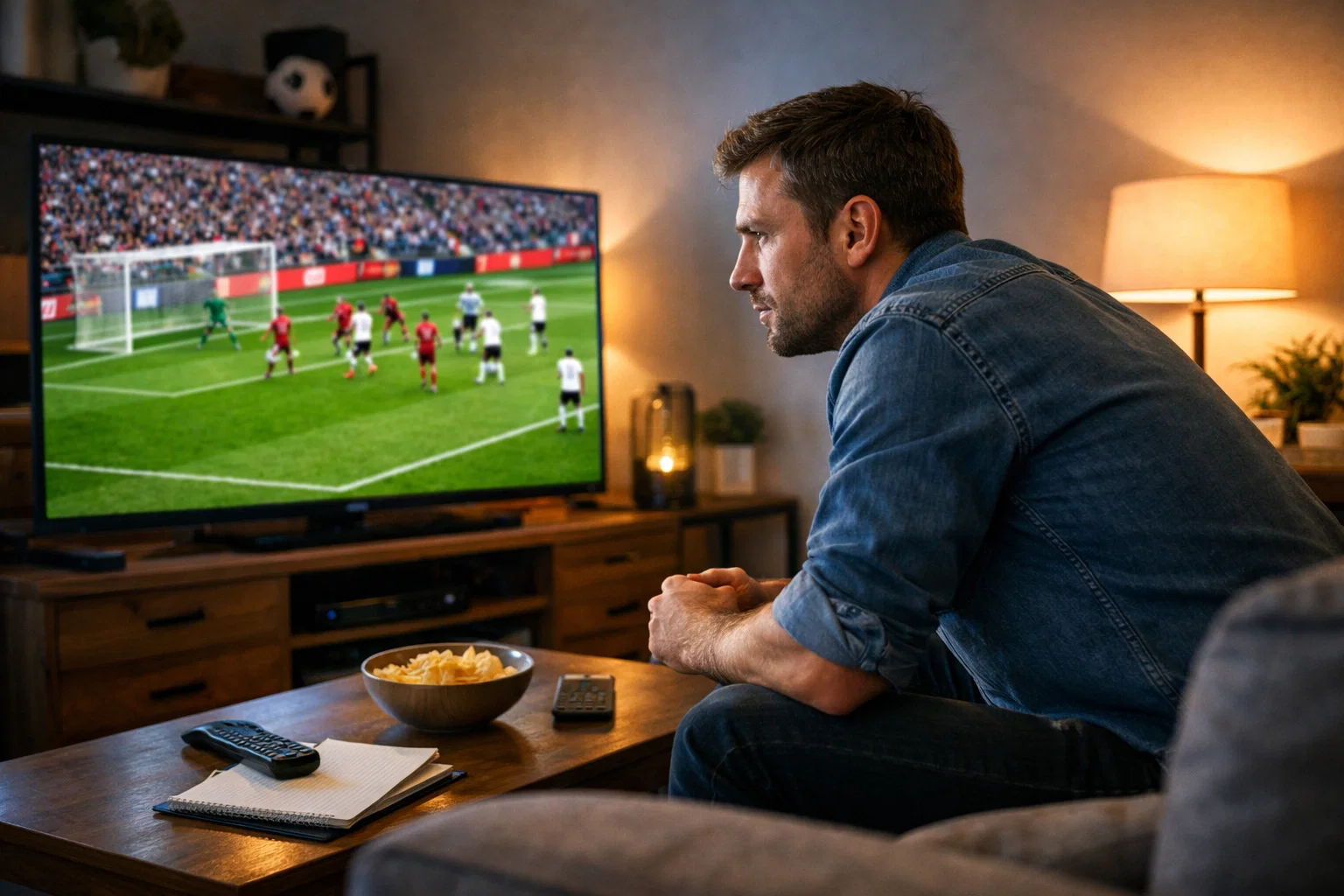 Personne concentr&eacute;e regardant un match de football sur un grand &eacute;cran de t&eacute;l&eacute;vision