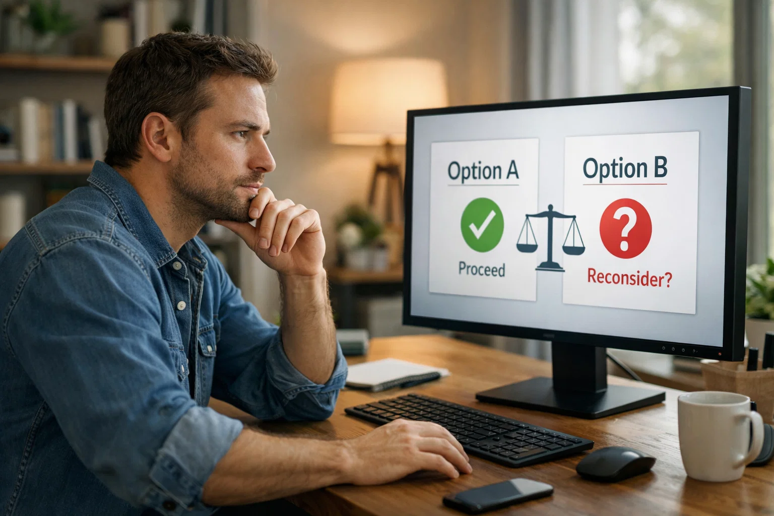 Personne réfléchissant devant un écran affichant des options de décision