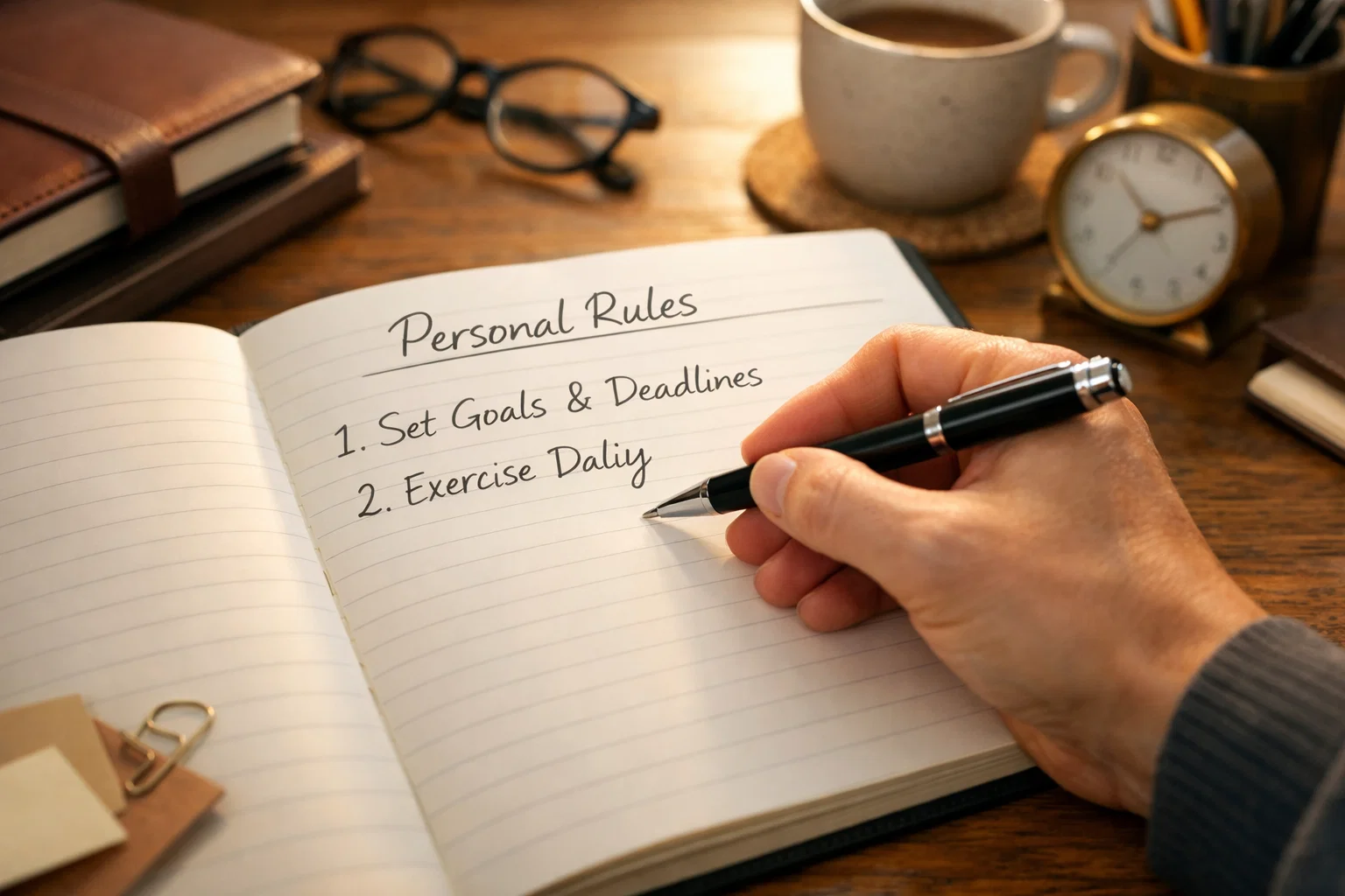 Personne &eacute;crivant des r&egrave;gles dans un carnet avec un stylo