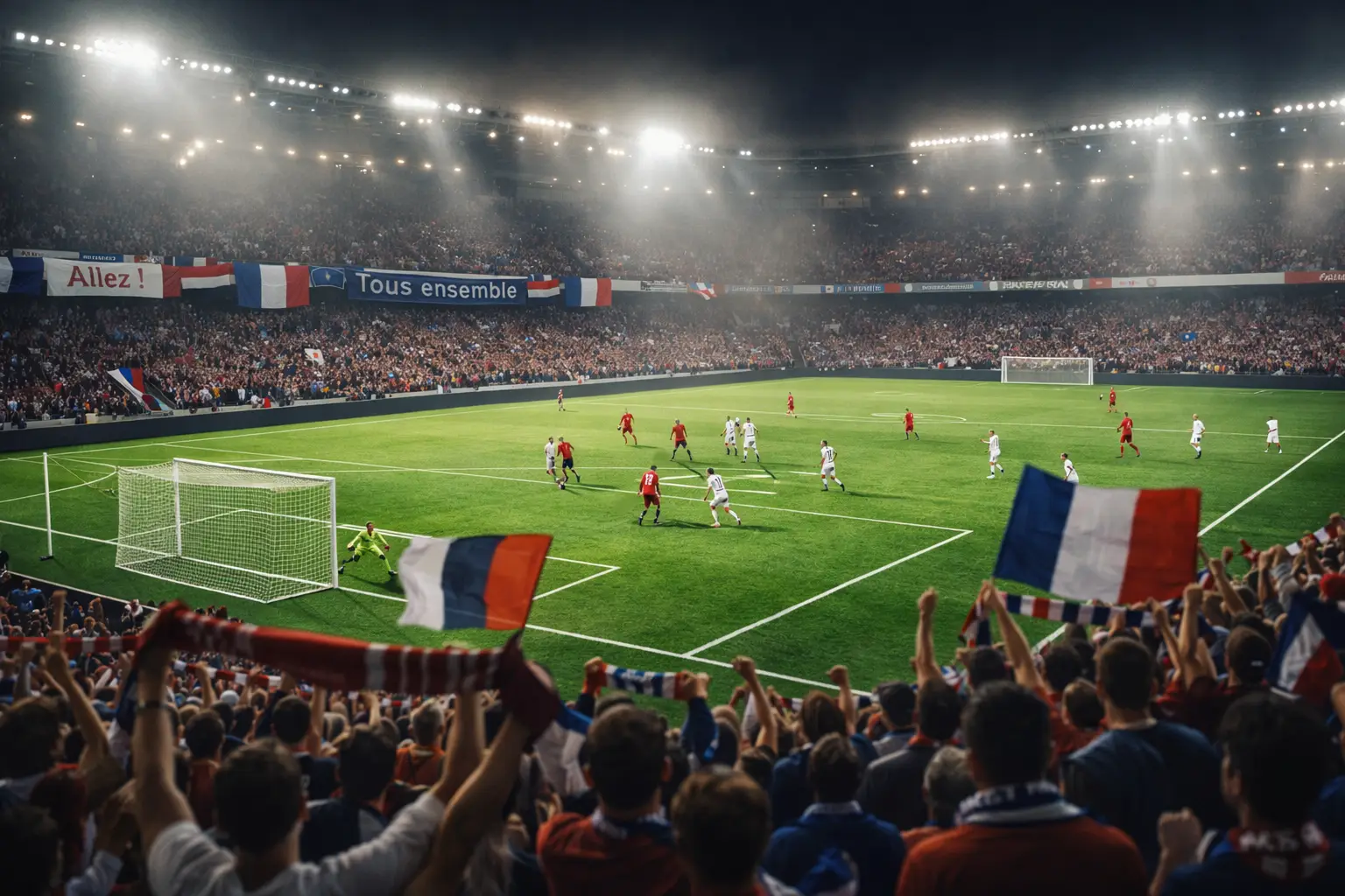 Stade de football français avec supporters et ambiance de match