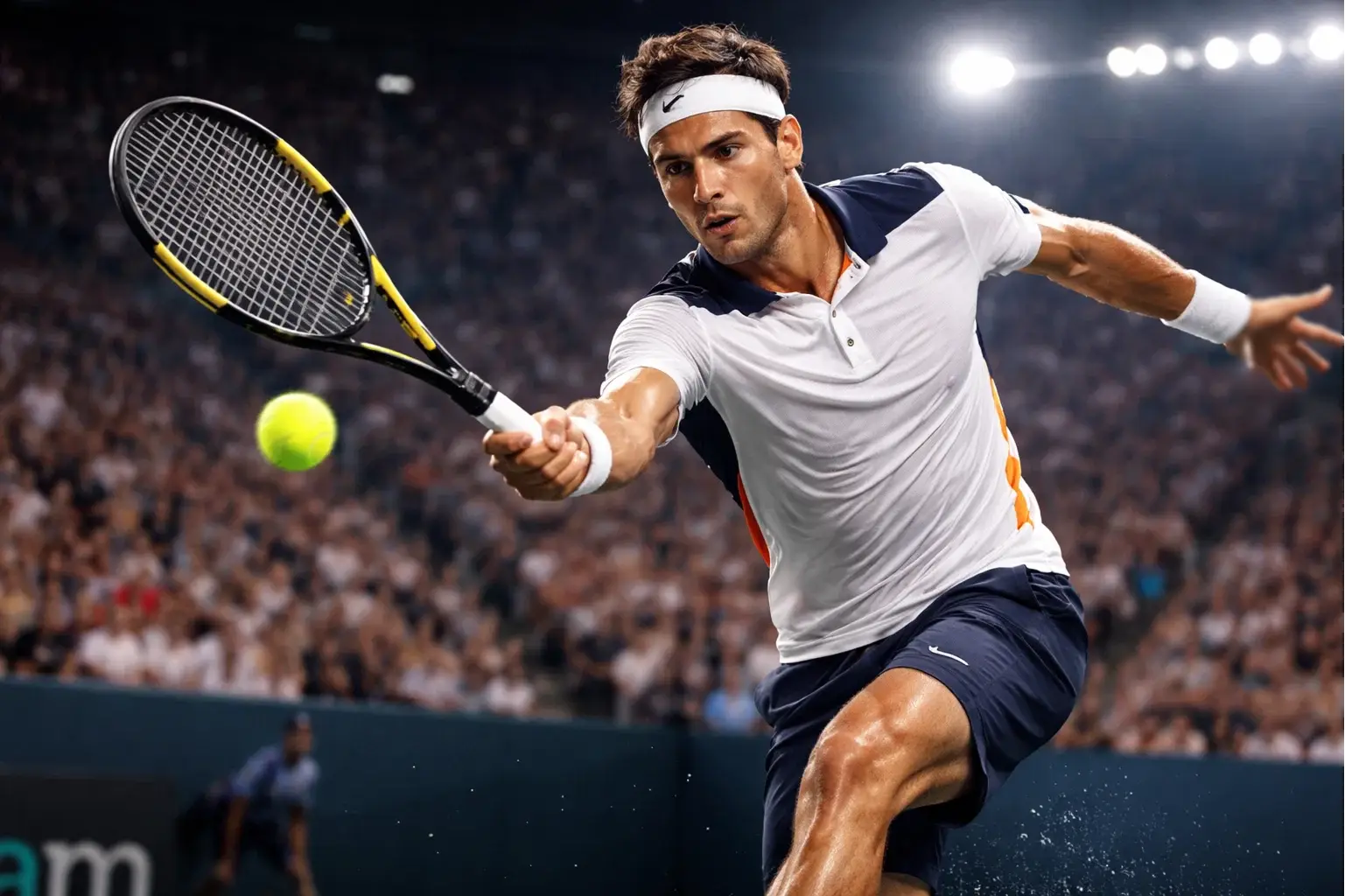 Joueur de tennis en action sur un court pendant un match professionnel