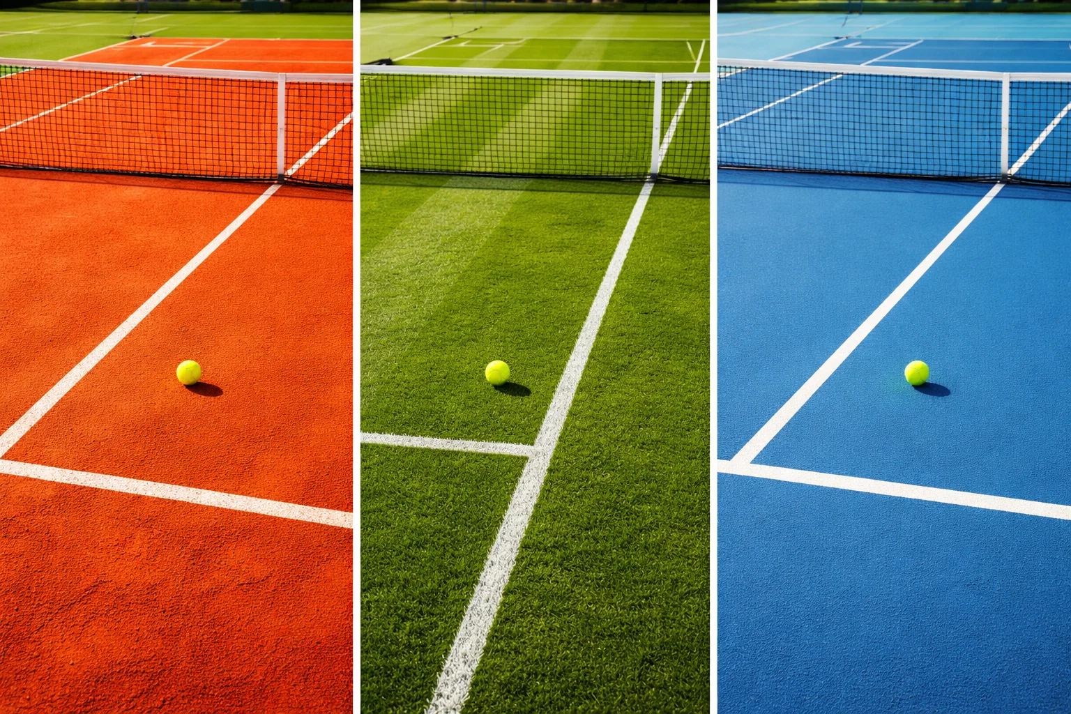 Vue compar&eacute;e de diff&eacute;rentes surfaces de tennis : terre battue, gazon et dur