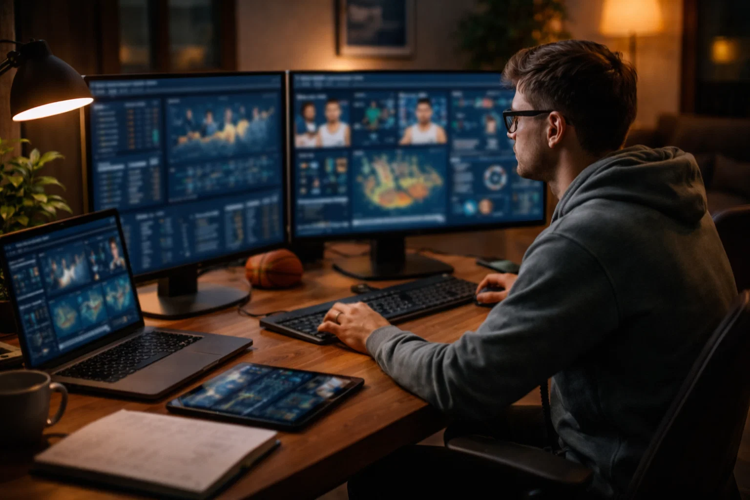 Personne analysant des statistiques de basketball sur plusieurs &eacute;crans