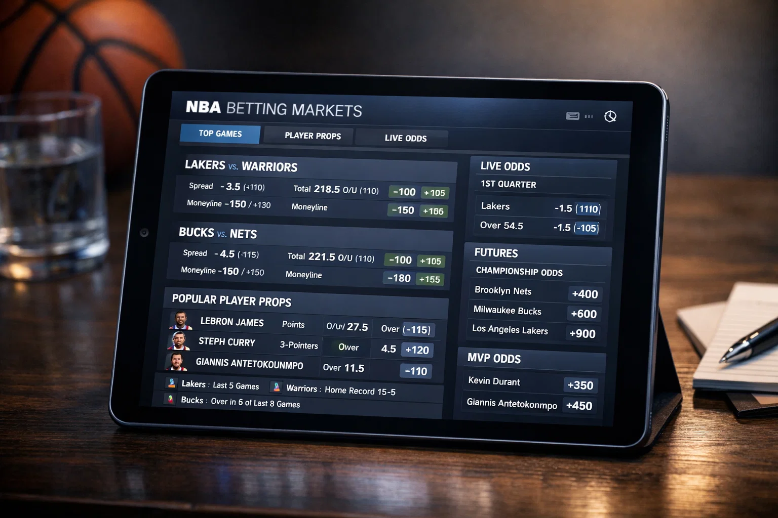 &Eacute;cran affichant diff&eacute;rents types de paris et statistiques NBA