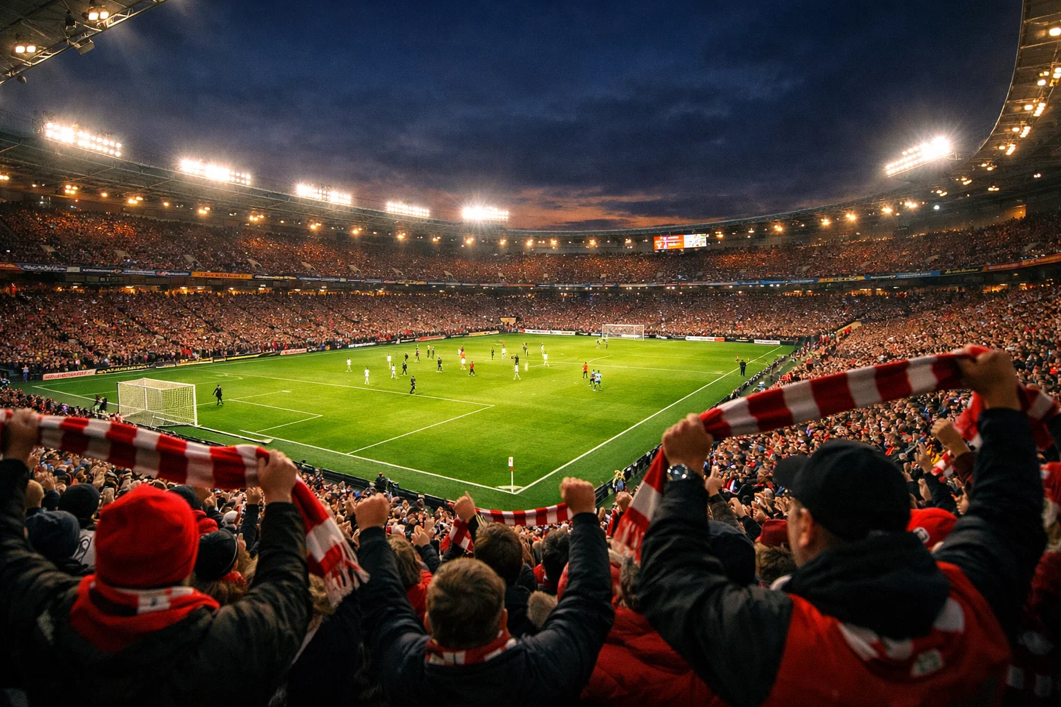 Match de football vu depuis les tribunes avec supporters enthousiastes