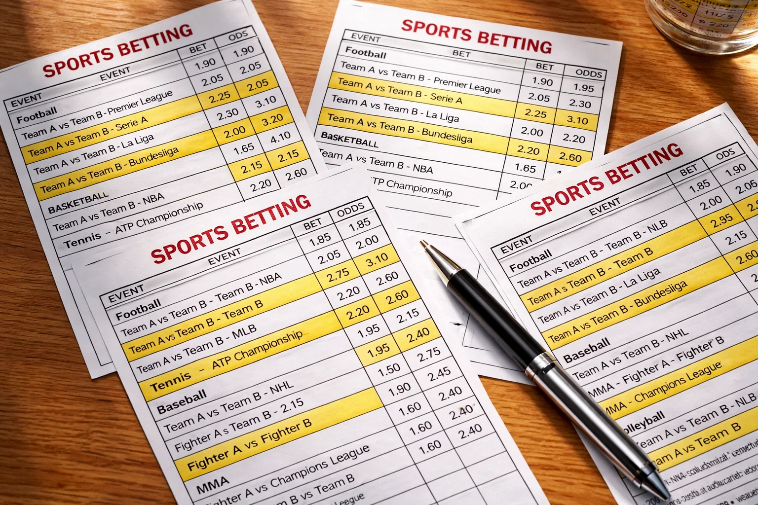 Plusieurs tickets de paris sportifs empil&eacute;s sur une table