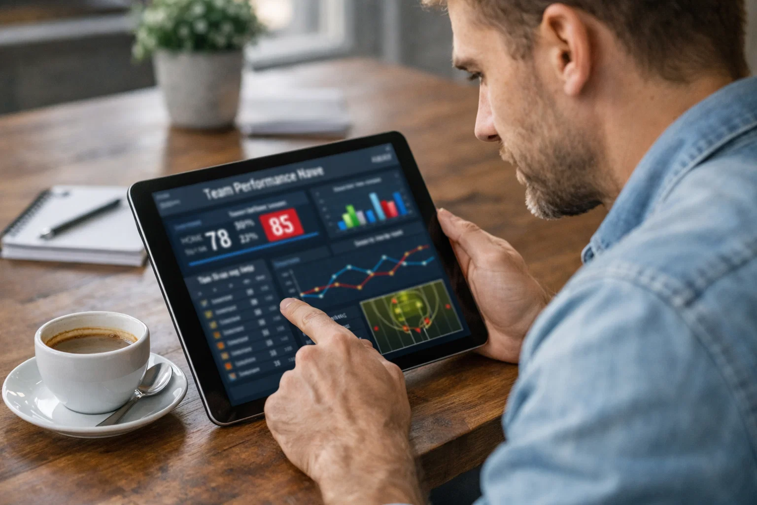 Personne analysant des statistiques sportives sur une tablette
