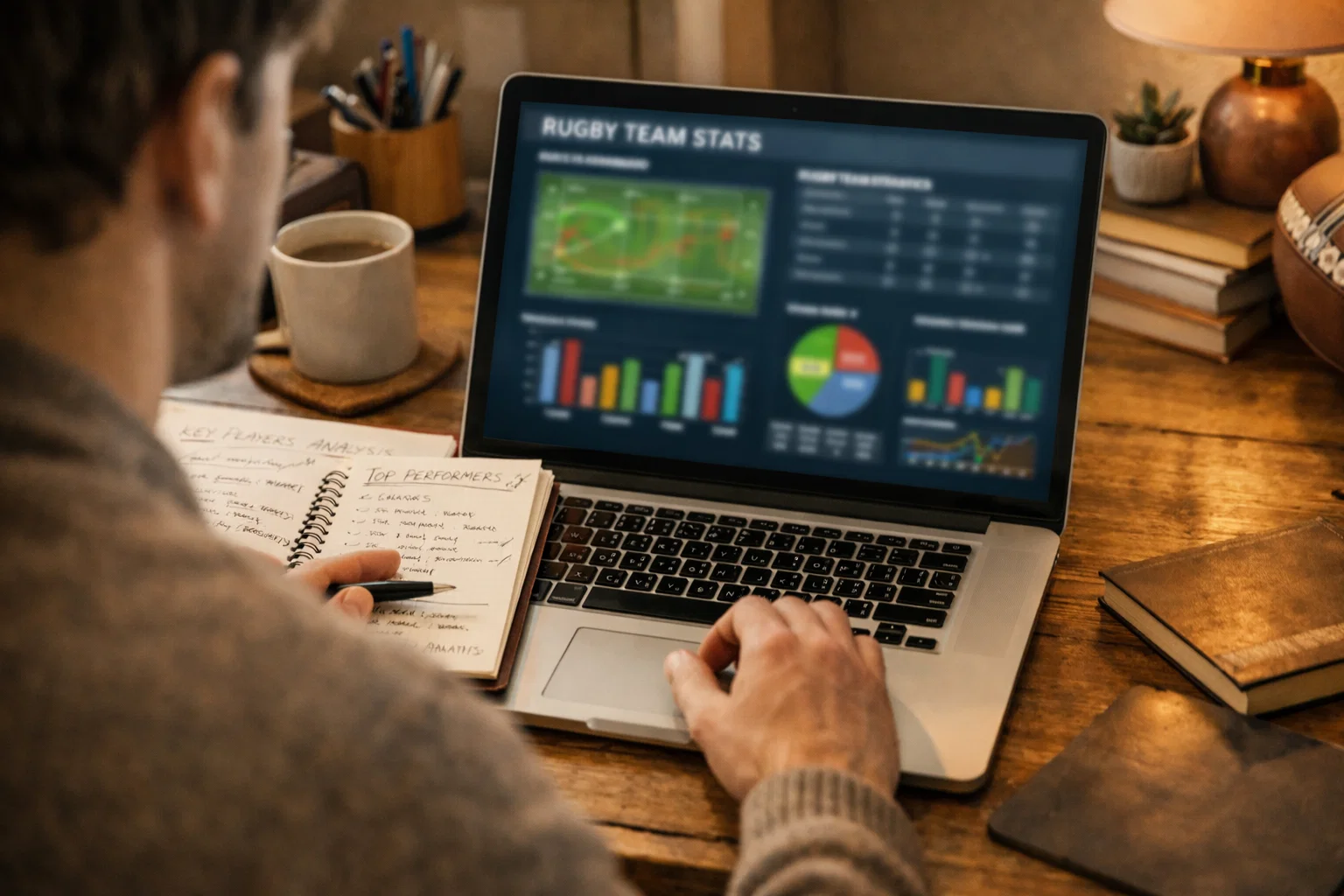 Personne analysant des statistiques de rugby sur un ordinateur portable