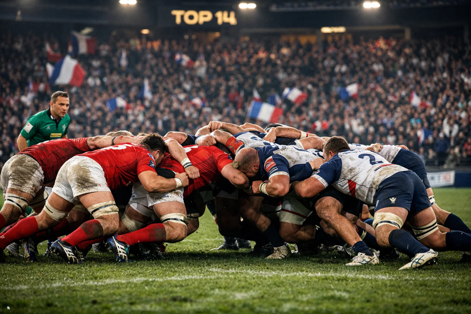 Match de rugby du Top 14 avec mêlée et joueurs en action