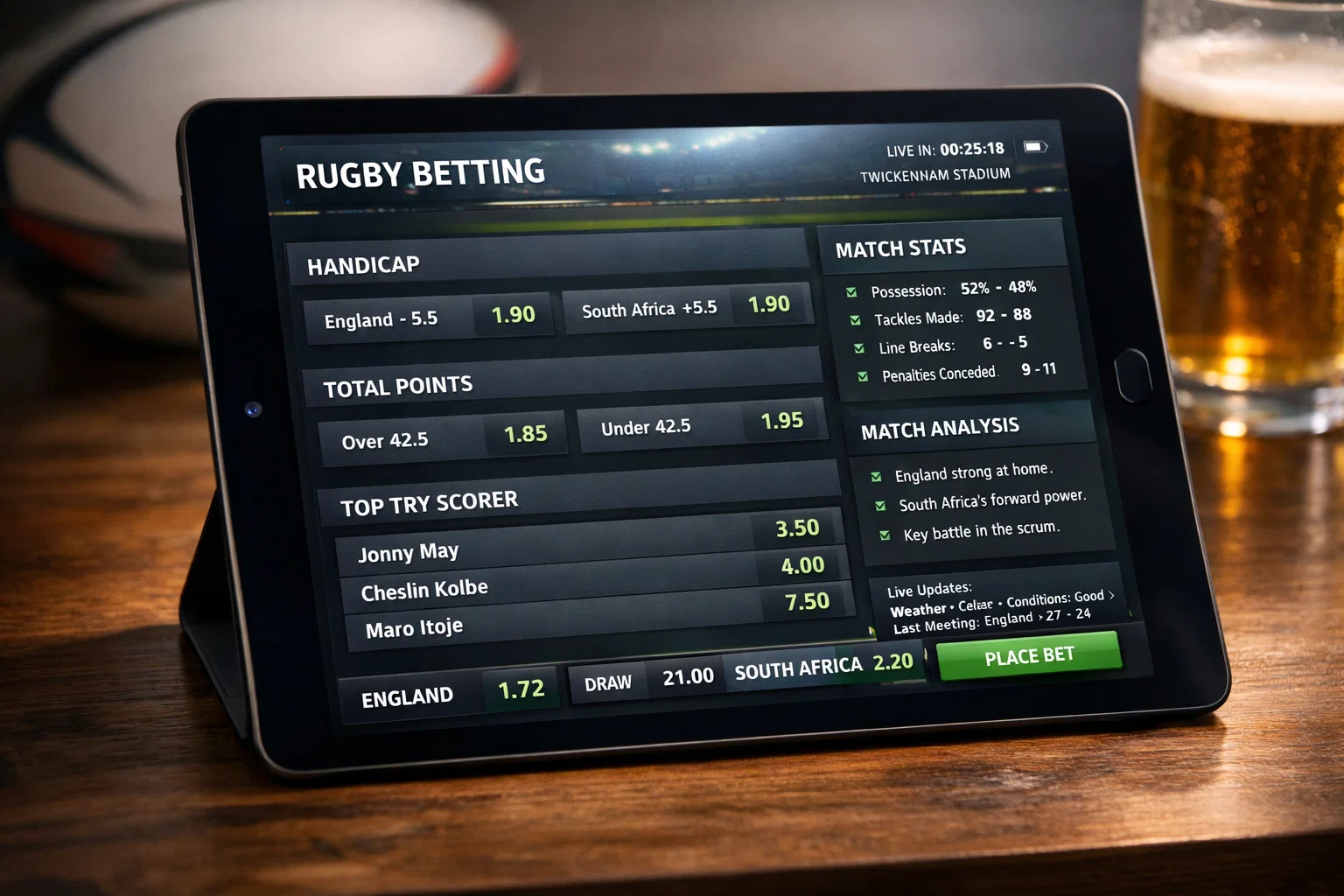 Tableau de bord affichant diff&eacute;rents march&eacute;s de paris pour un match de rugby