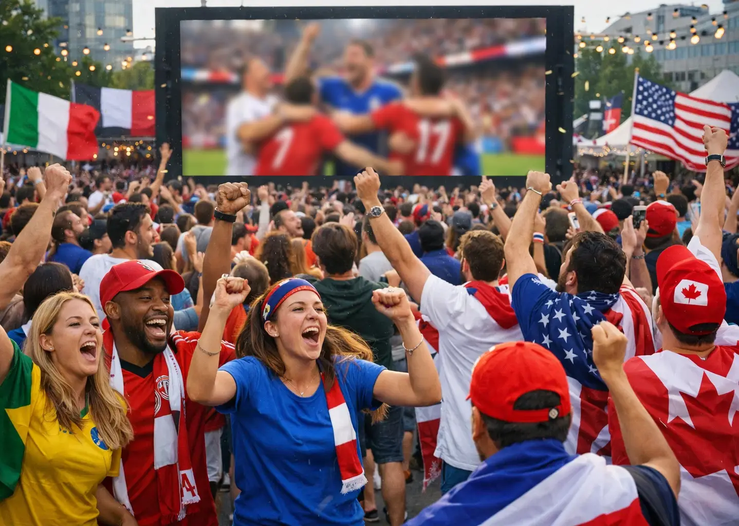 Foule de supporters enthousiastes regardant un match sur grand &eacute;cran