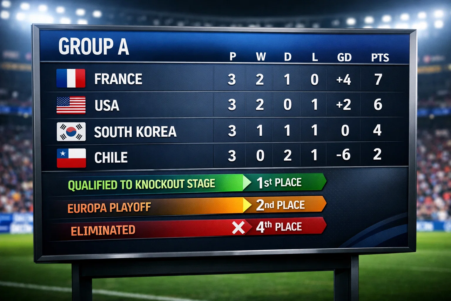 Tableau de groupe d'une comp&eacute;tition avec diff&eacute;rents sc&eacute;narios de qualification