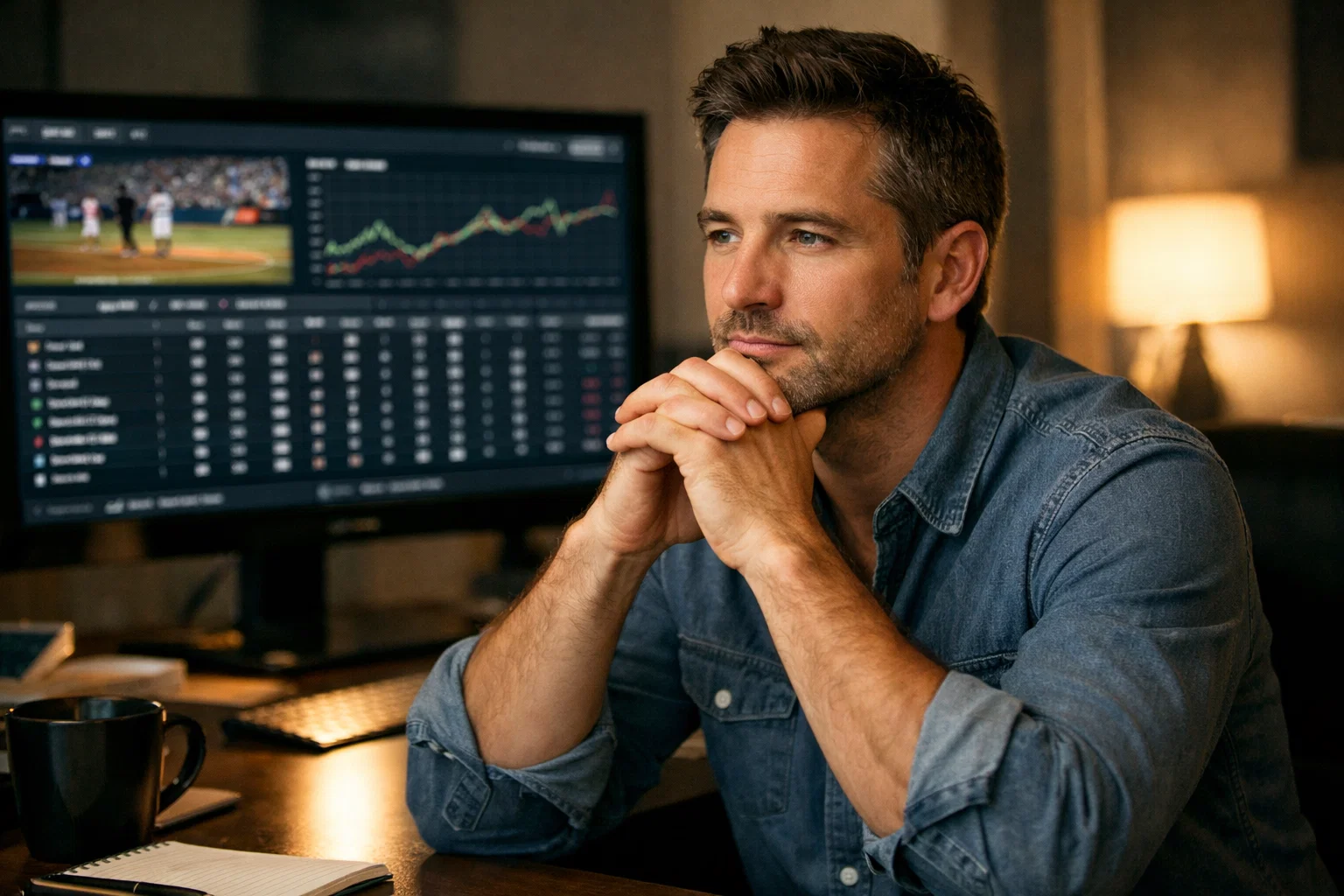 Personne réfléchissant calmement devant un écran avec des données sportives