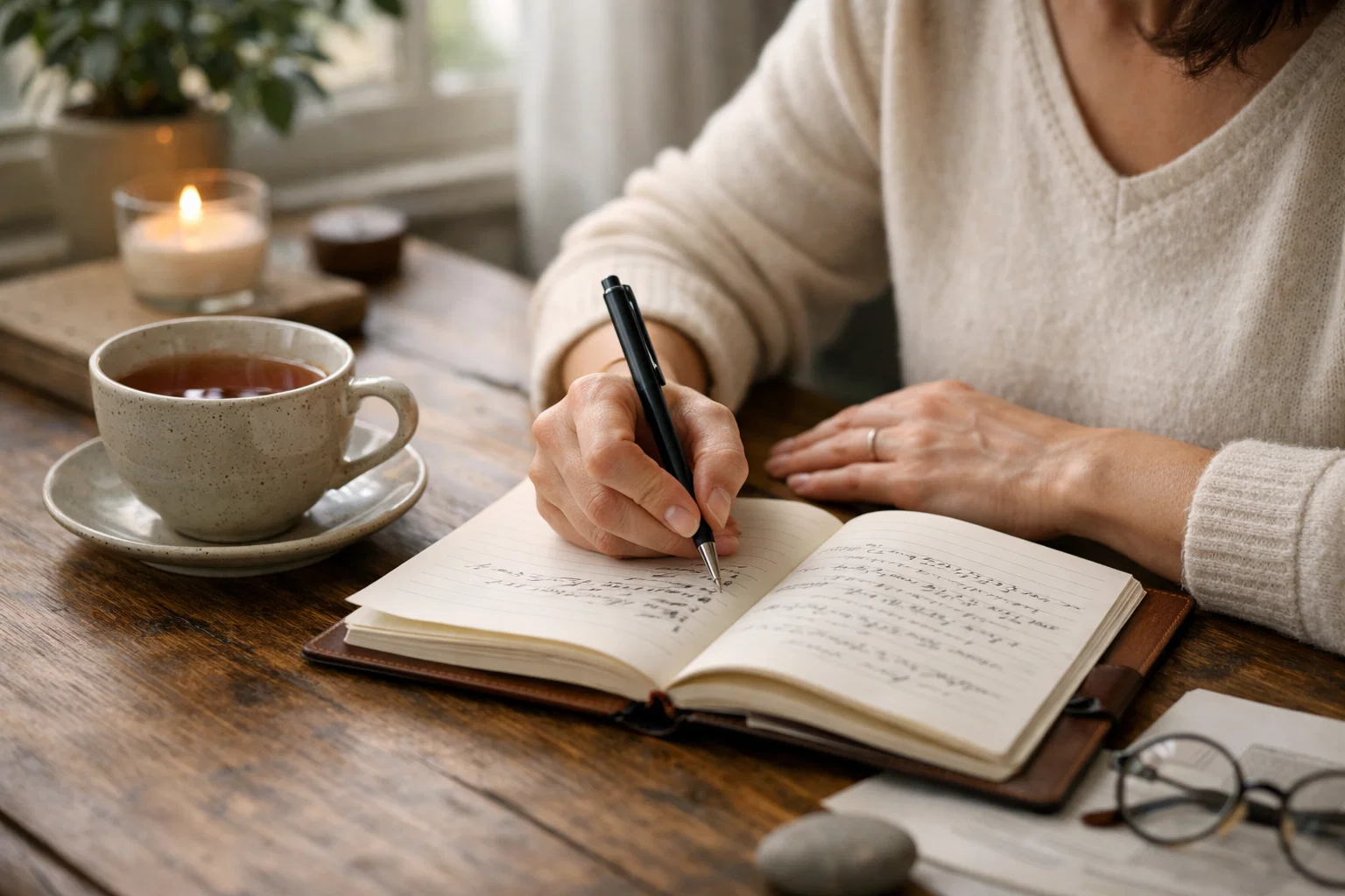 Personne &eacute;crivant dans un journal de r&eacute;flexion dans un environnement calme