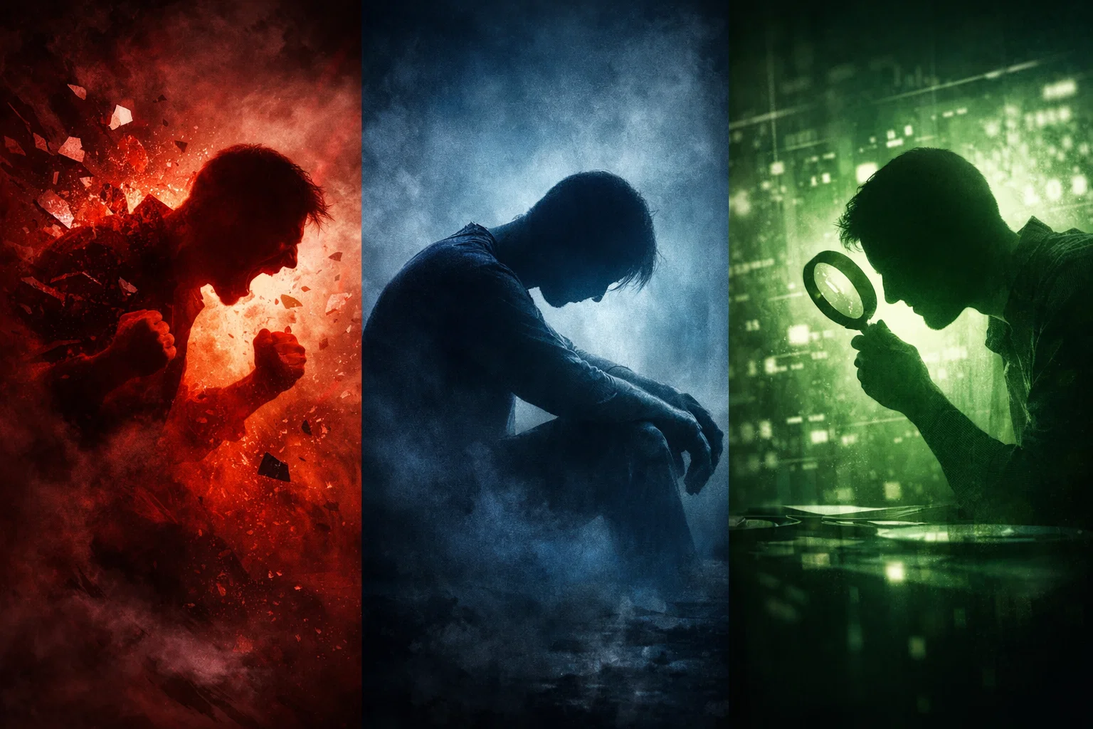 Illustration conceptuelle montrant diff&eacute;rents &eacute;tats &eacute;motionnels n&eacute;gatifs