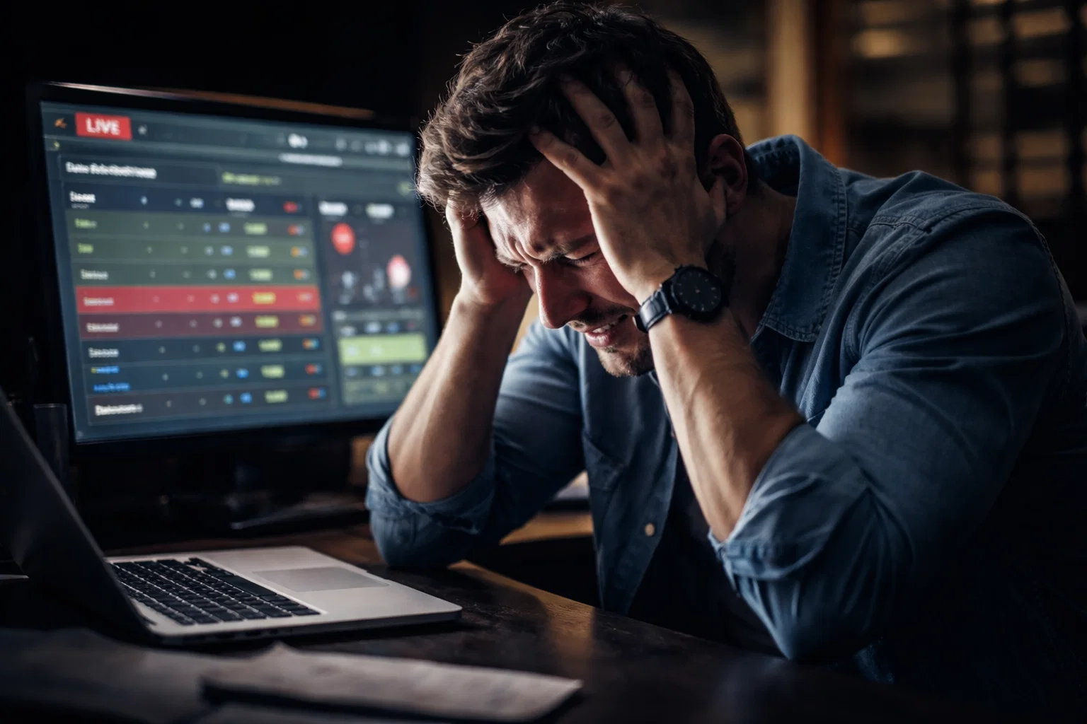 Personne frustrée se tenant la tête devant un écran de paris