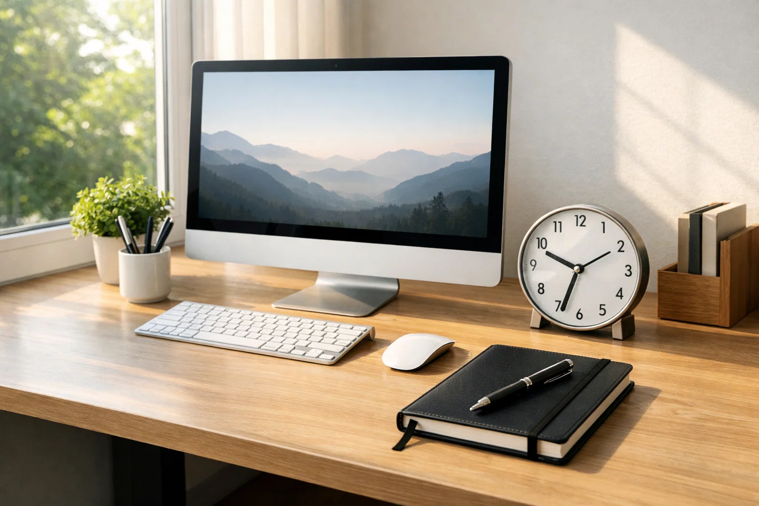 Espace de travail organisé avec ordinateur, carnet et horloge symbolisant la routine