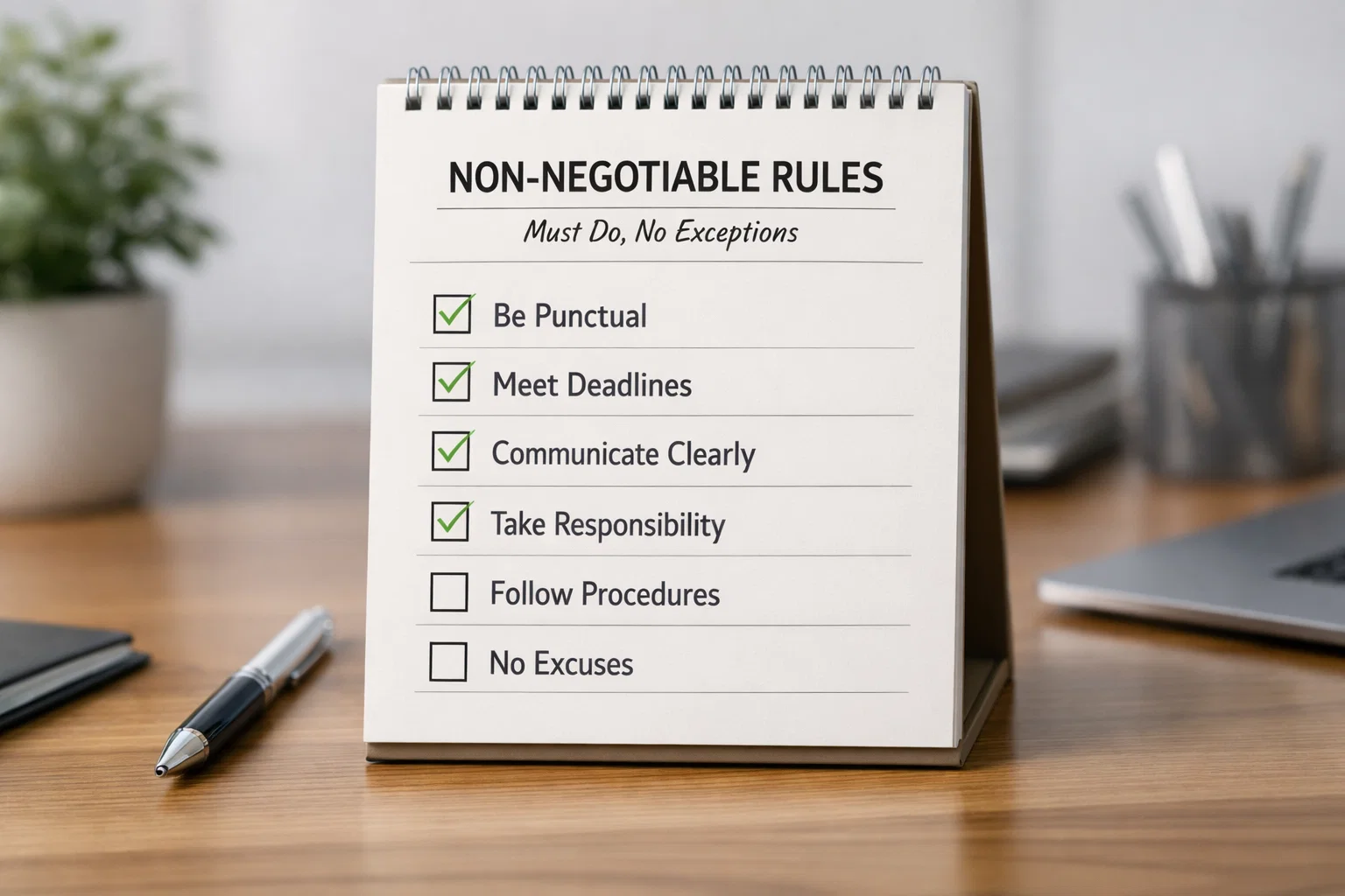 Liste de r&egrave;gles &eacute;crites sur un tableau ou un carnet avec des cases coch&eacute;es