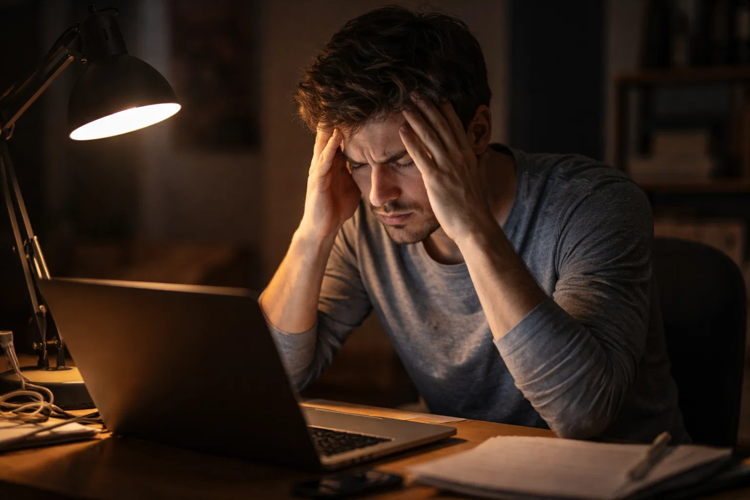 Personne stress&eacute;e devant un &eacute;cran d'ordinateur se tenant la t&ecirc;te entre les mains