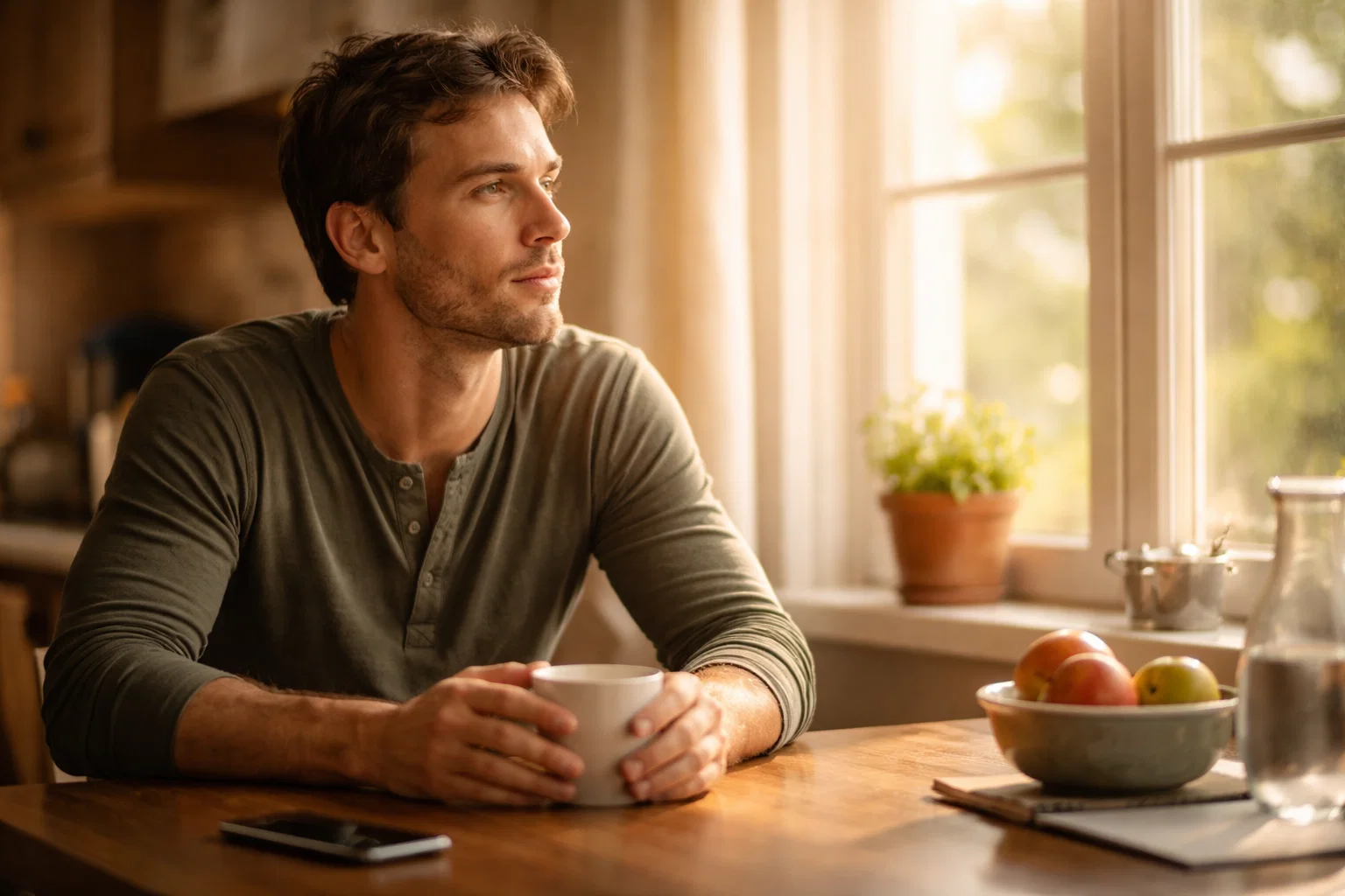 Homme pensif regardant par la fenêtre avec son téléphone posé face cachée sur la table