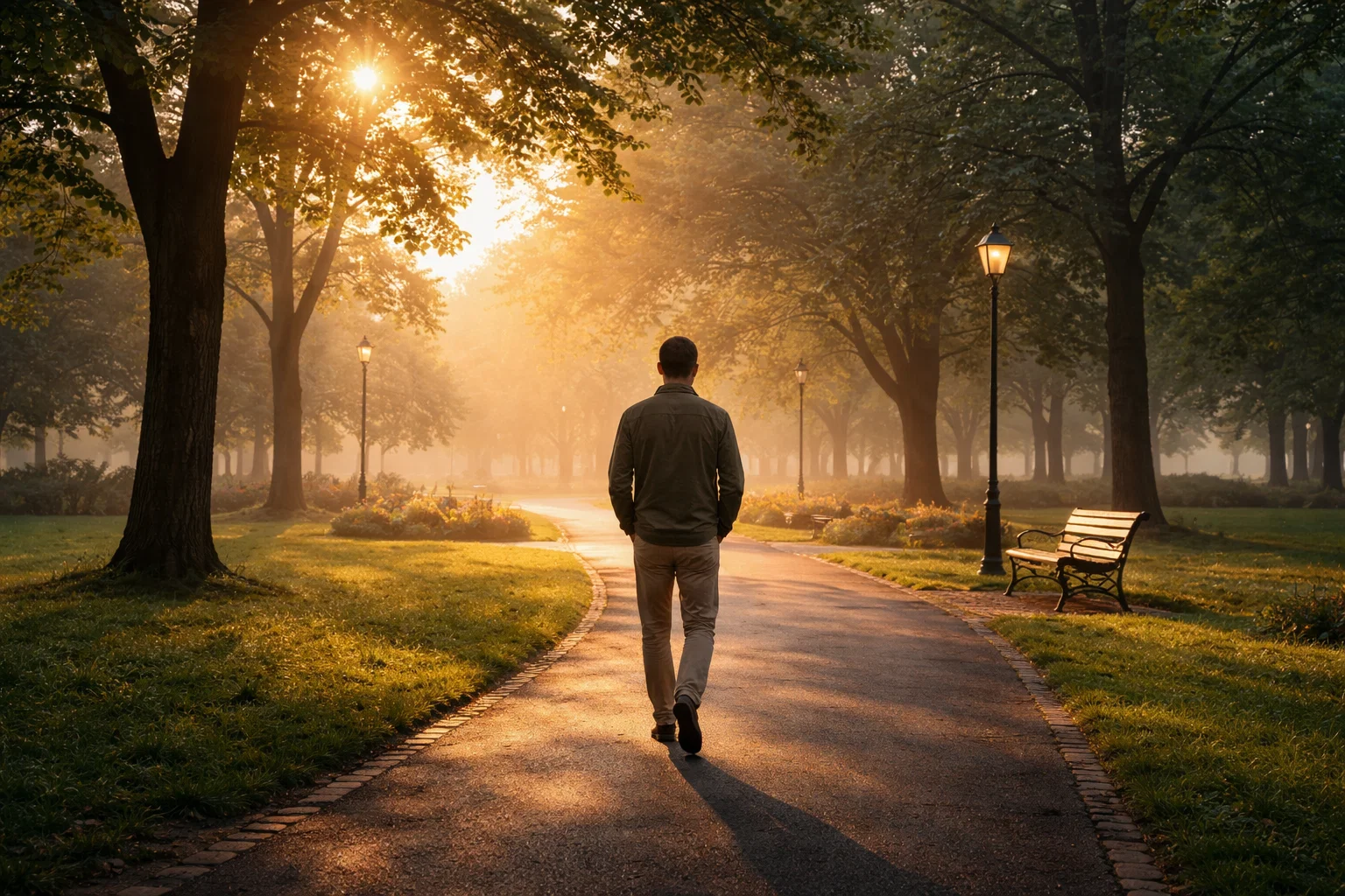 Homme serein marchant dans un parc au lever du soleil