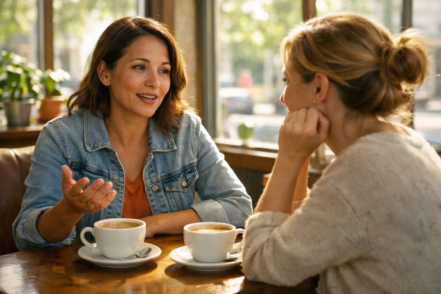 Deux personnes en conversation sinc&egrave;re dans un caf&eacute; lumineux