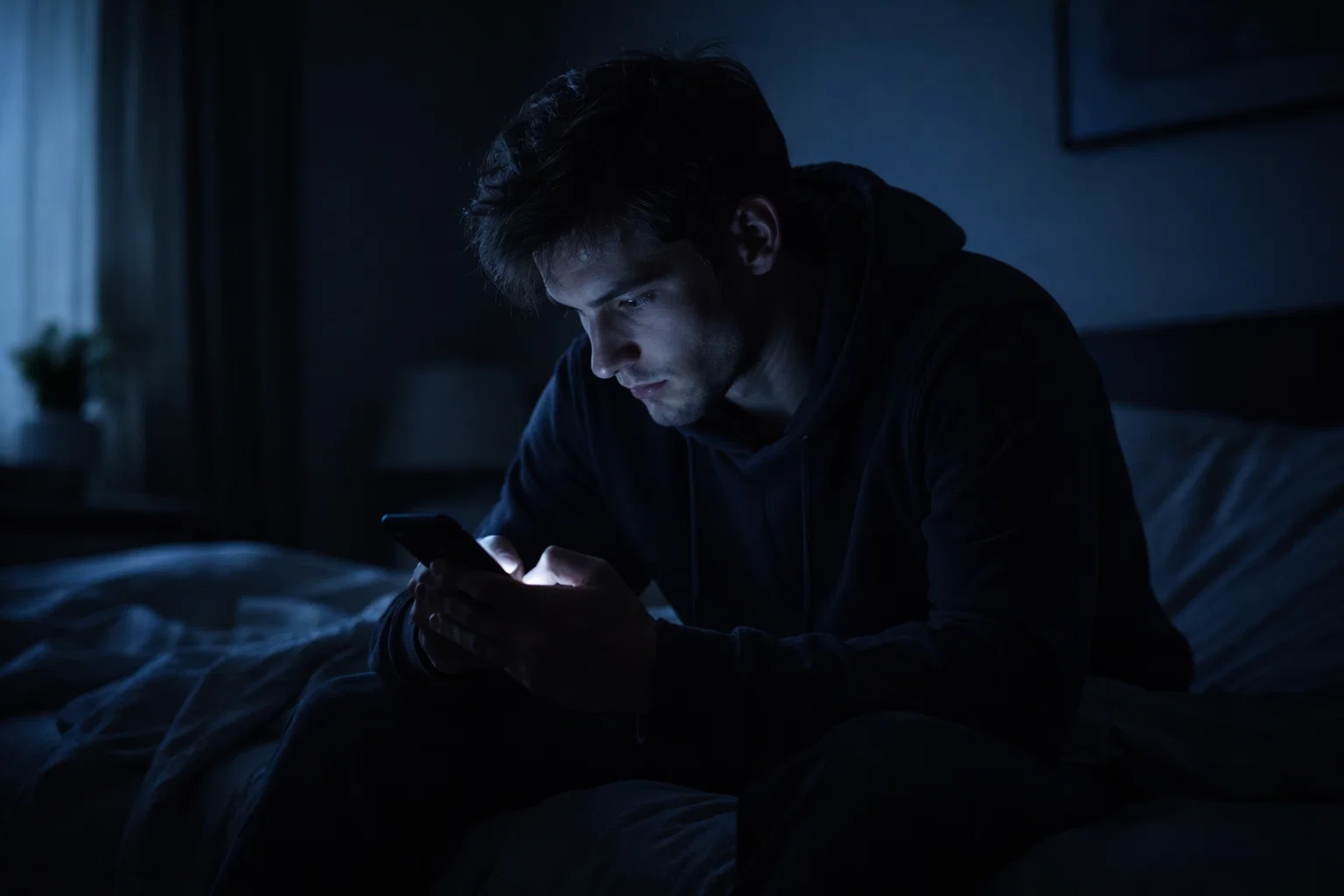 Personne isol&eacute;e consultant son t&eacute;l&eacute;phone dans l'obscurit&eacute; tard le soir