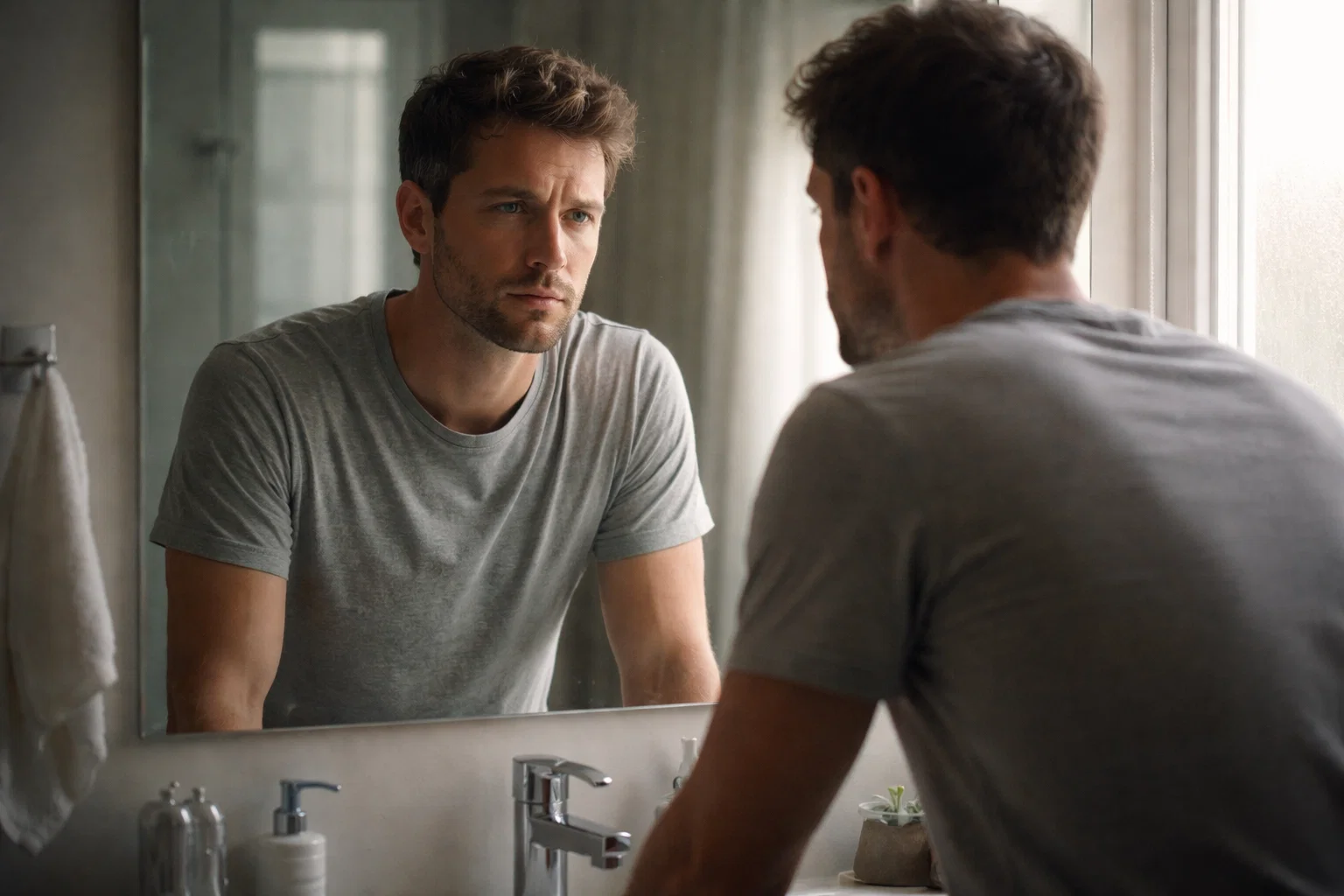 Homme seul regardant son reflet dans un miroir avec une expression introspective