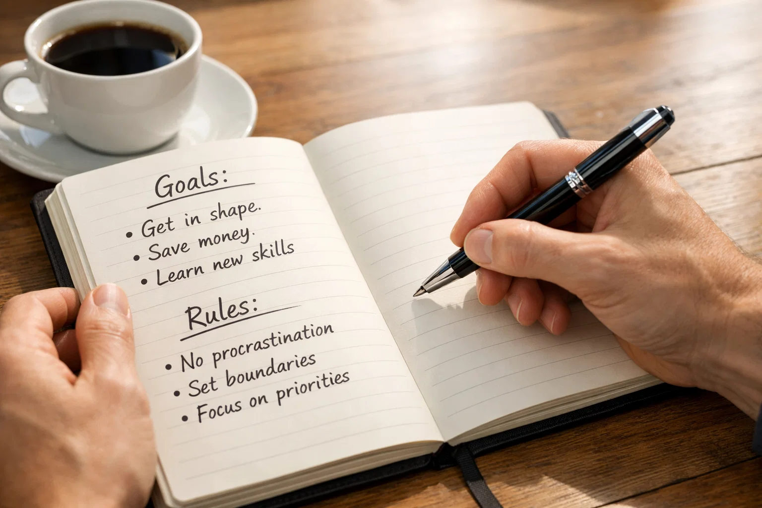 Personne écrivant ses objectifs dans un carnet avec détermination