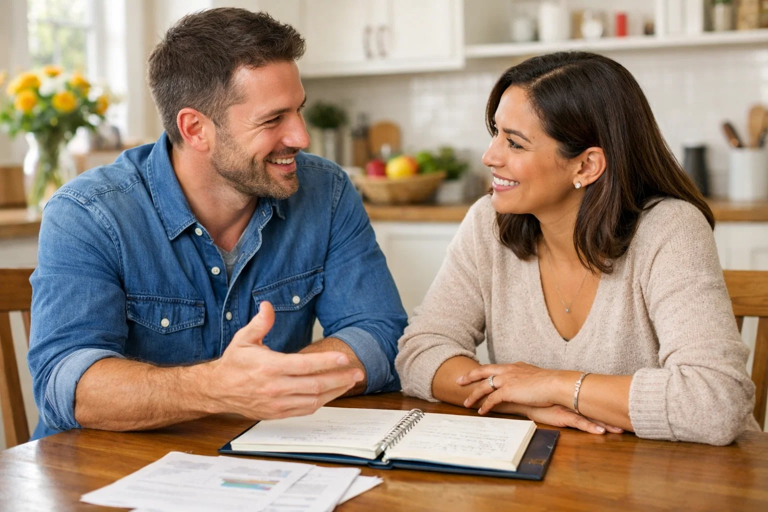 Couple discutant ensemble &agrave; table avec des documents