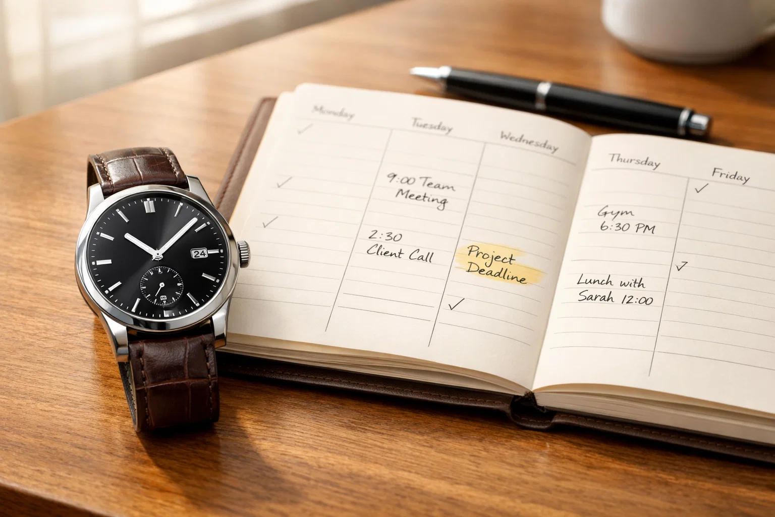 Montre pos&eacute;e sur un bureau &agrave; c&ocirc;t&eacute; d'un agenda ouvert