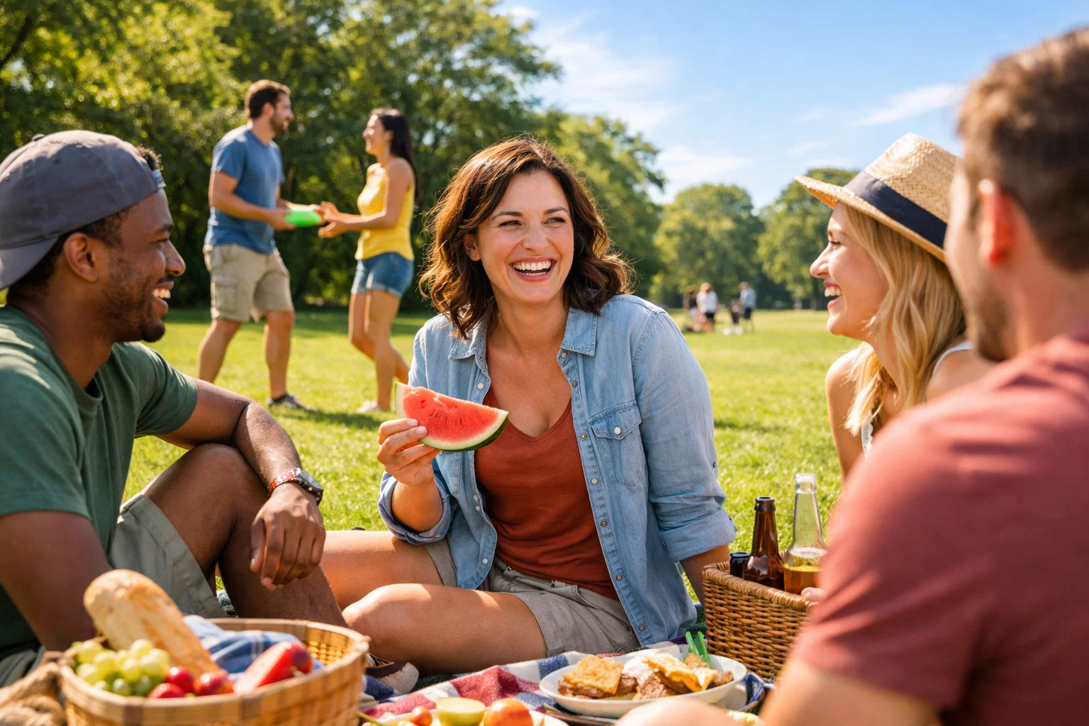Personne souriante profitant d'une activit&eacute; en plein air avec des amis