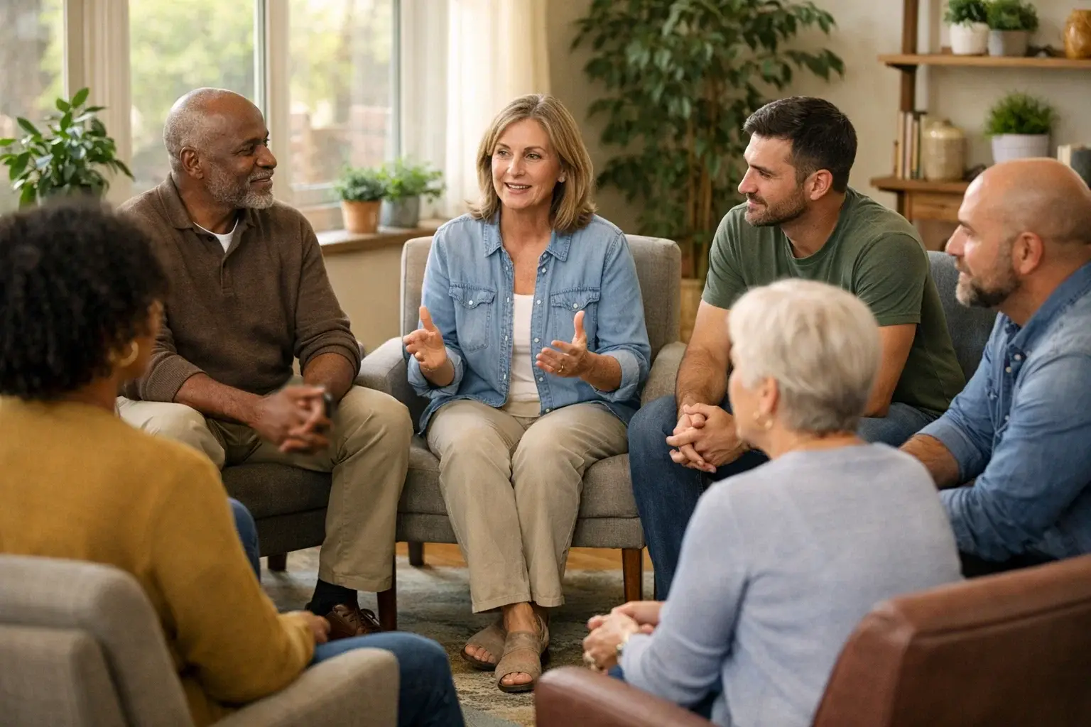 Groupe de personnes en cercle lors d'une r&eacute;union de soutien