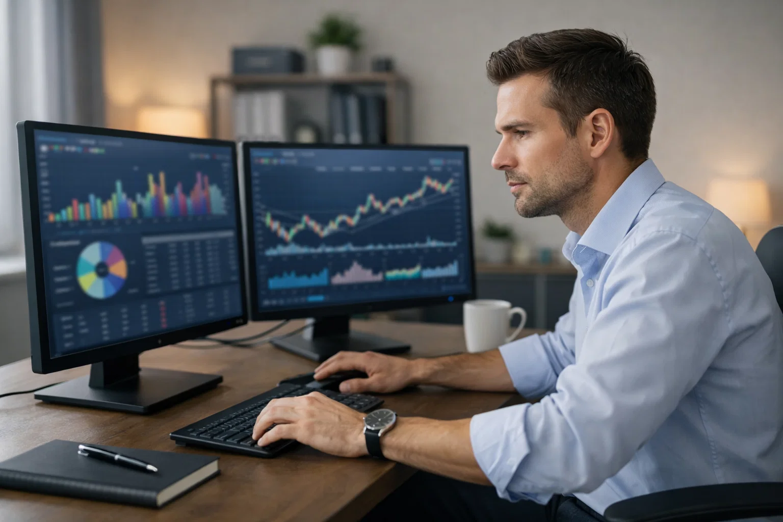 Analyste financier travaillant devant plusieurs &eacute;crans d'ordinateur