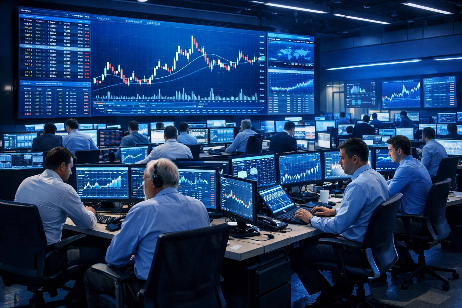 Salle de trading moderne avec écrans affichant des données en temps réel