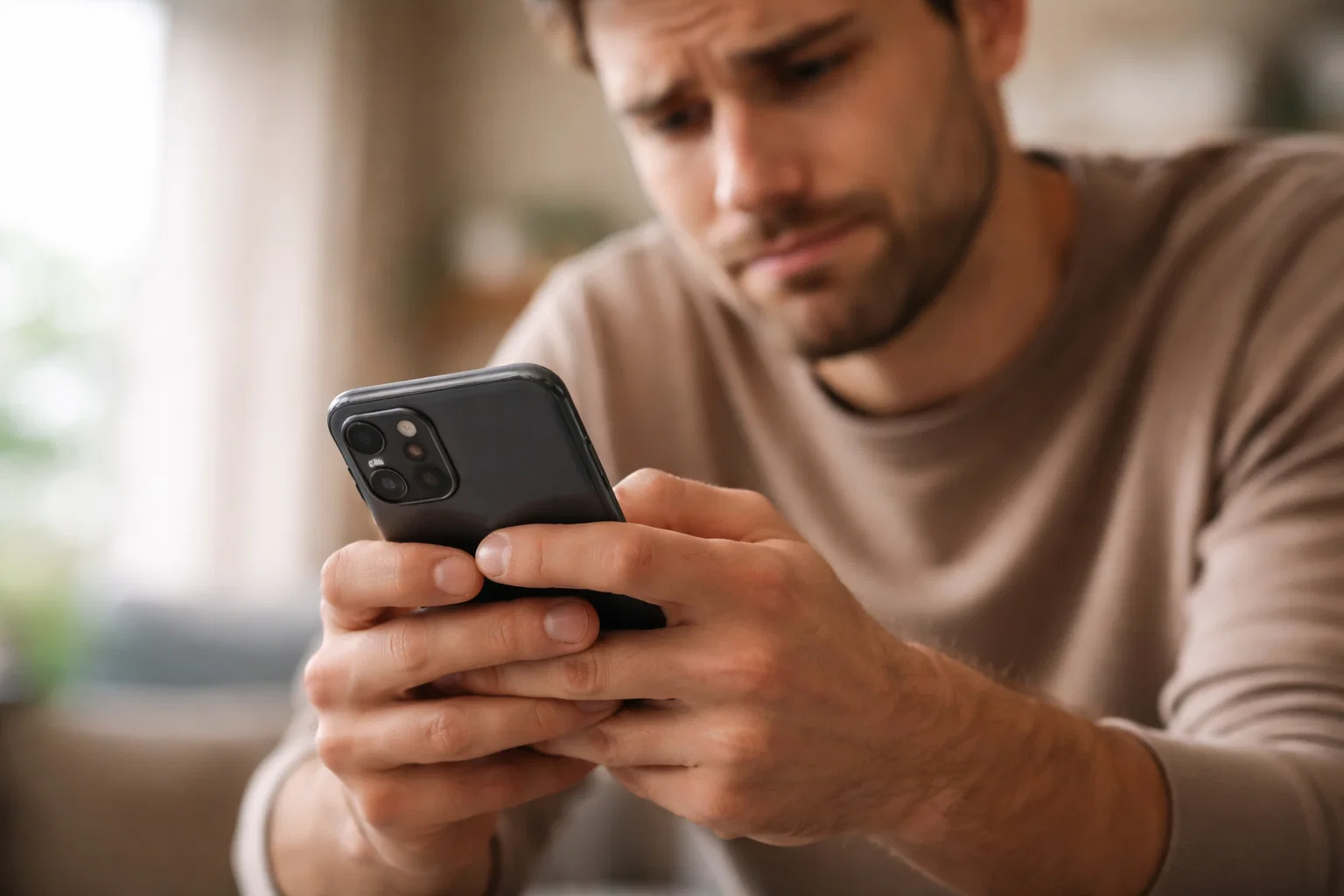Personne regardant un &eacute;cran de smartphone avec une expression de frustration