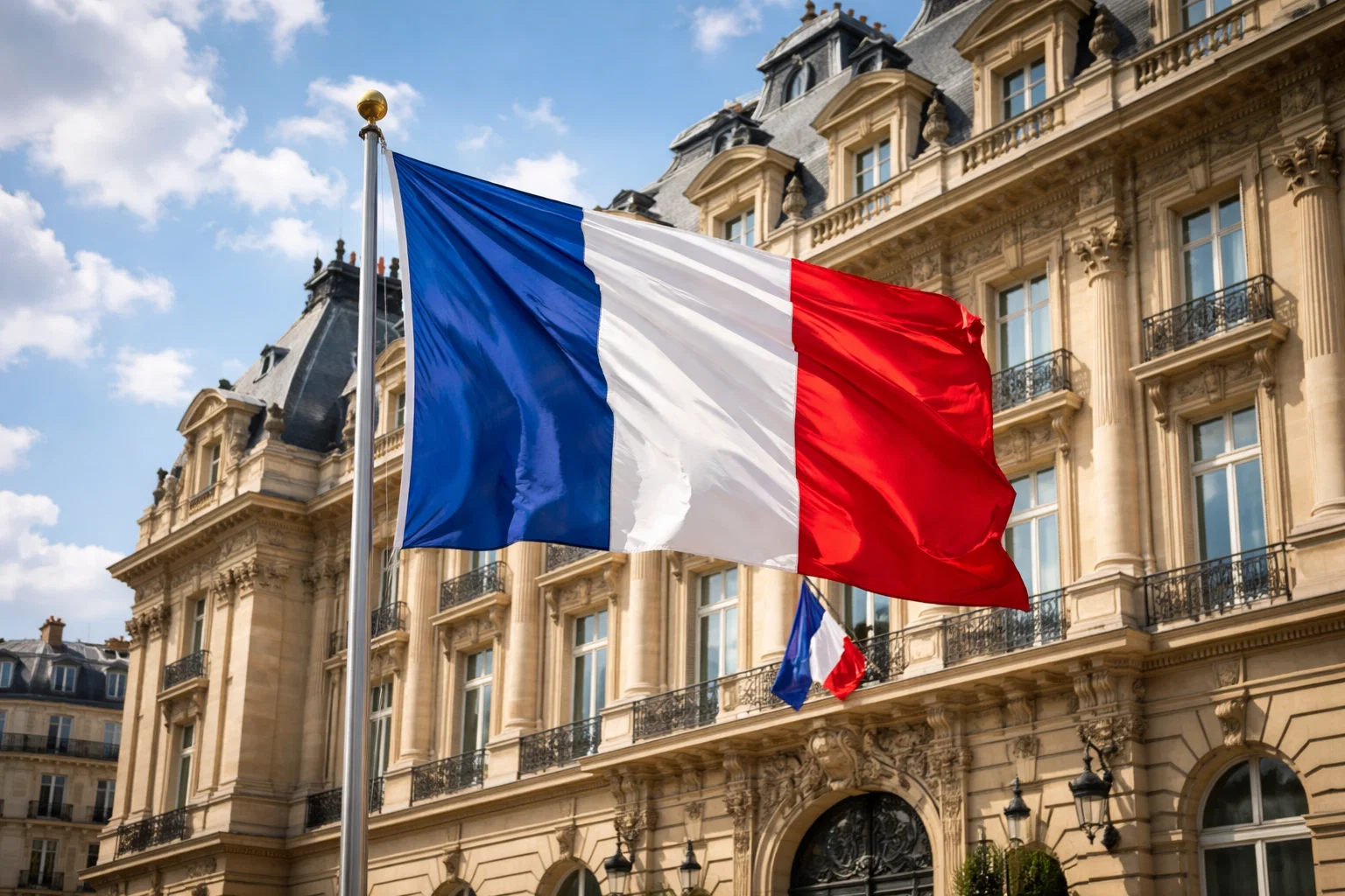 Drapeau français flottant devant un bâtiment institutionnel parisien