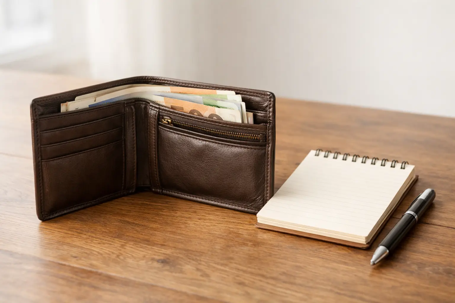 Portefeuille ouvert avec des billets et un bloc-notes pour la planification financi&egrave;re