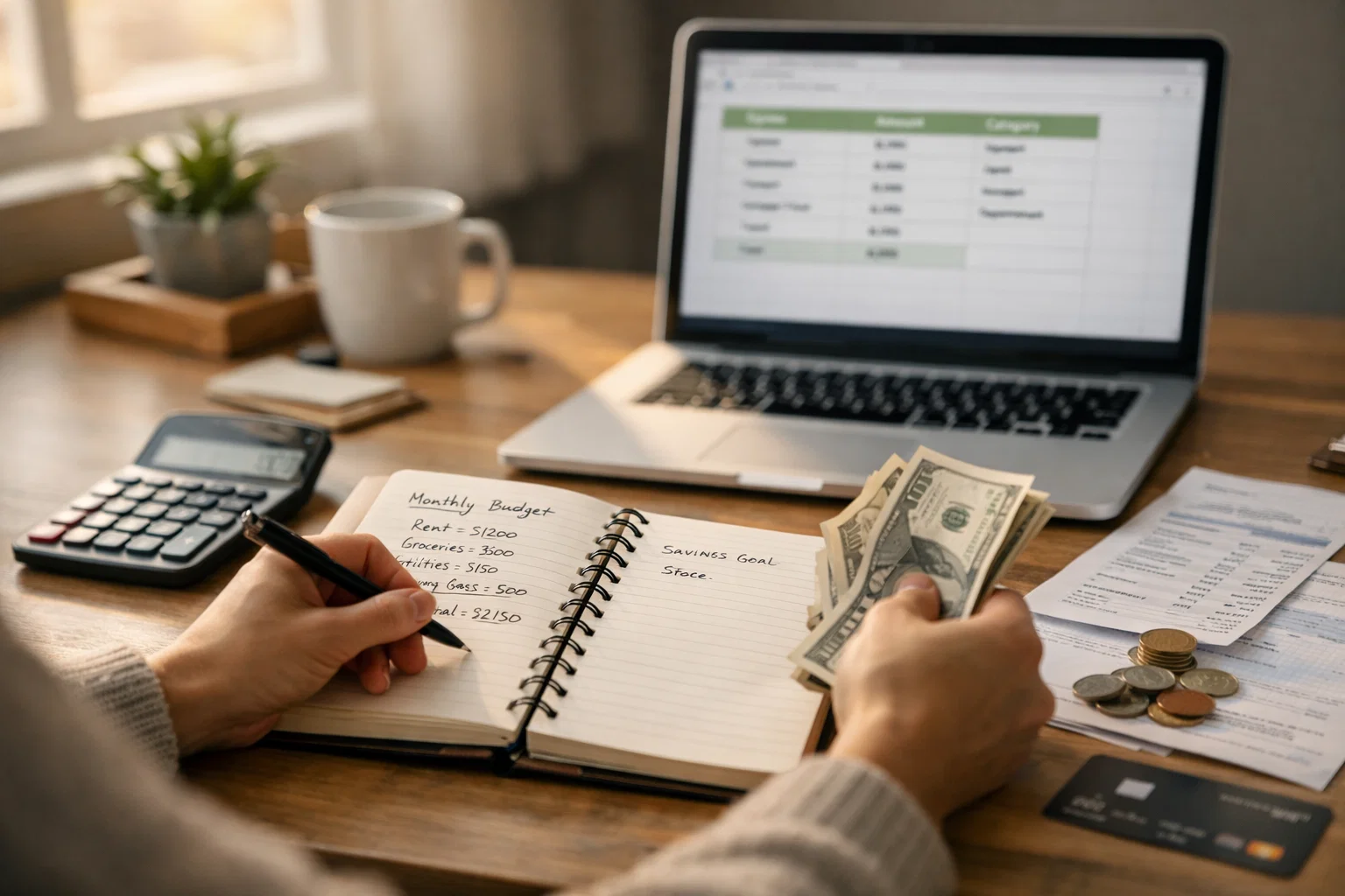 Personne organisant ses finances sur un bureau avec un carnet et un ordinateur portable