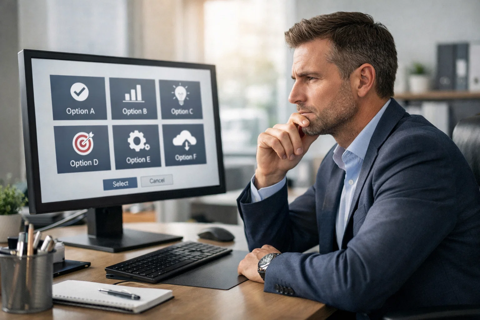 Personne concentr&eacute;e devant un ordinateur analysant des options